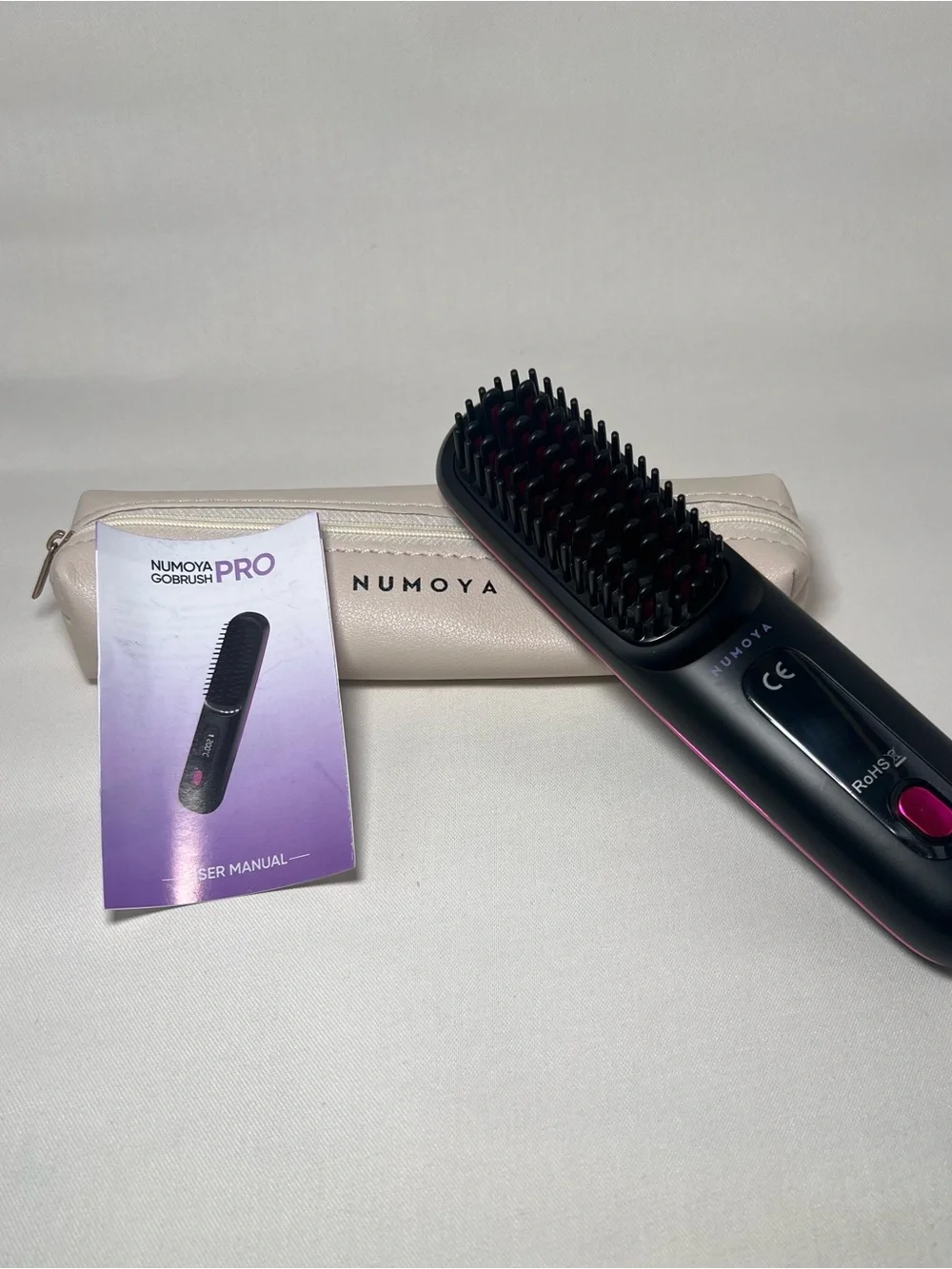 Numoya Pink & Black Heated Straightening Brush - Portable Hair Styling Tool